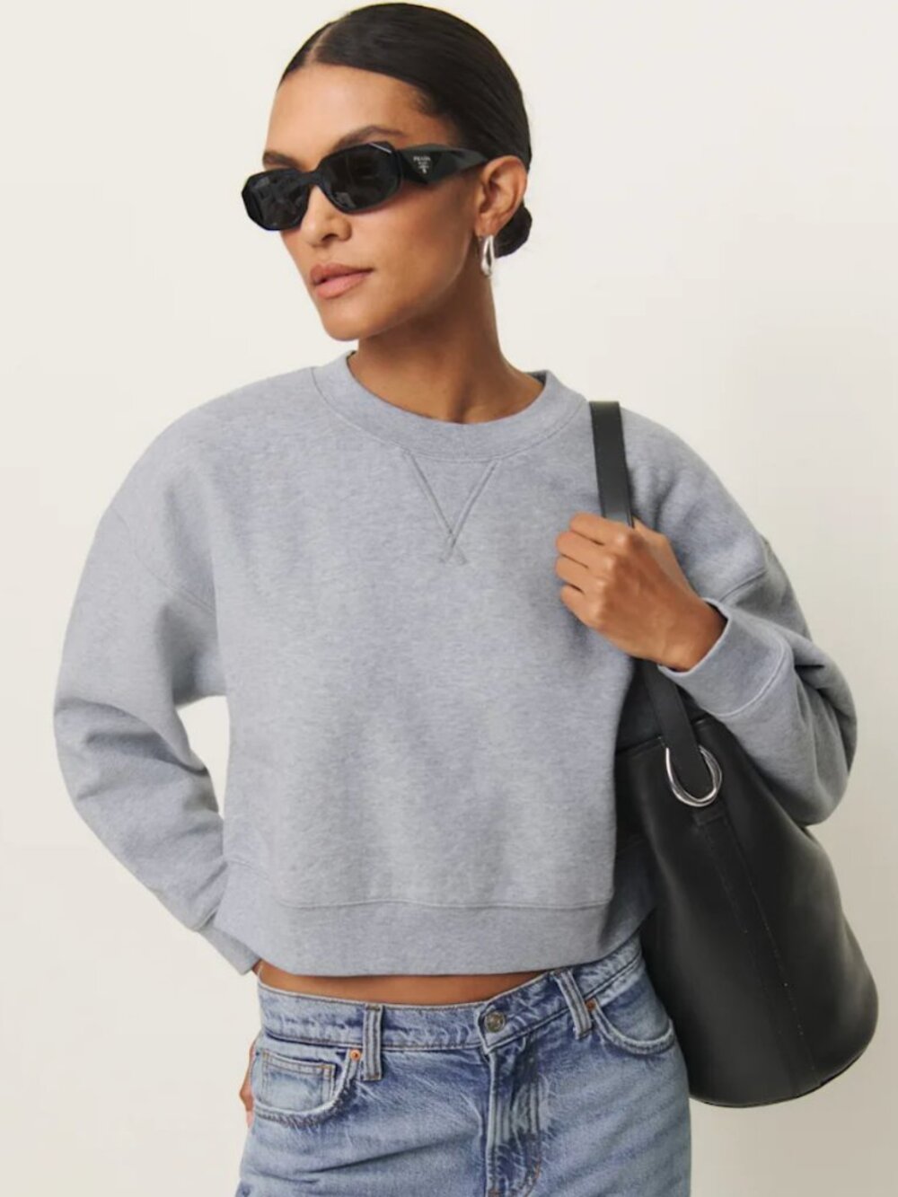 Reformation Grace Cropped Vintage Oversized Crewneck Sweatshirt Grey - Size XS